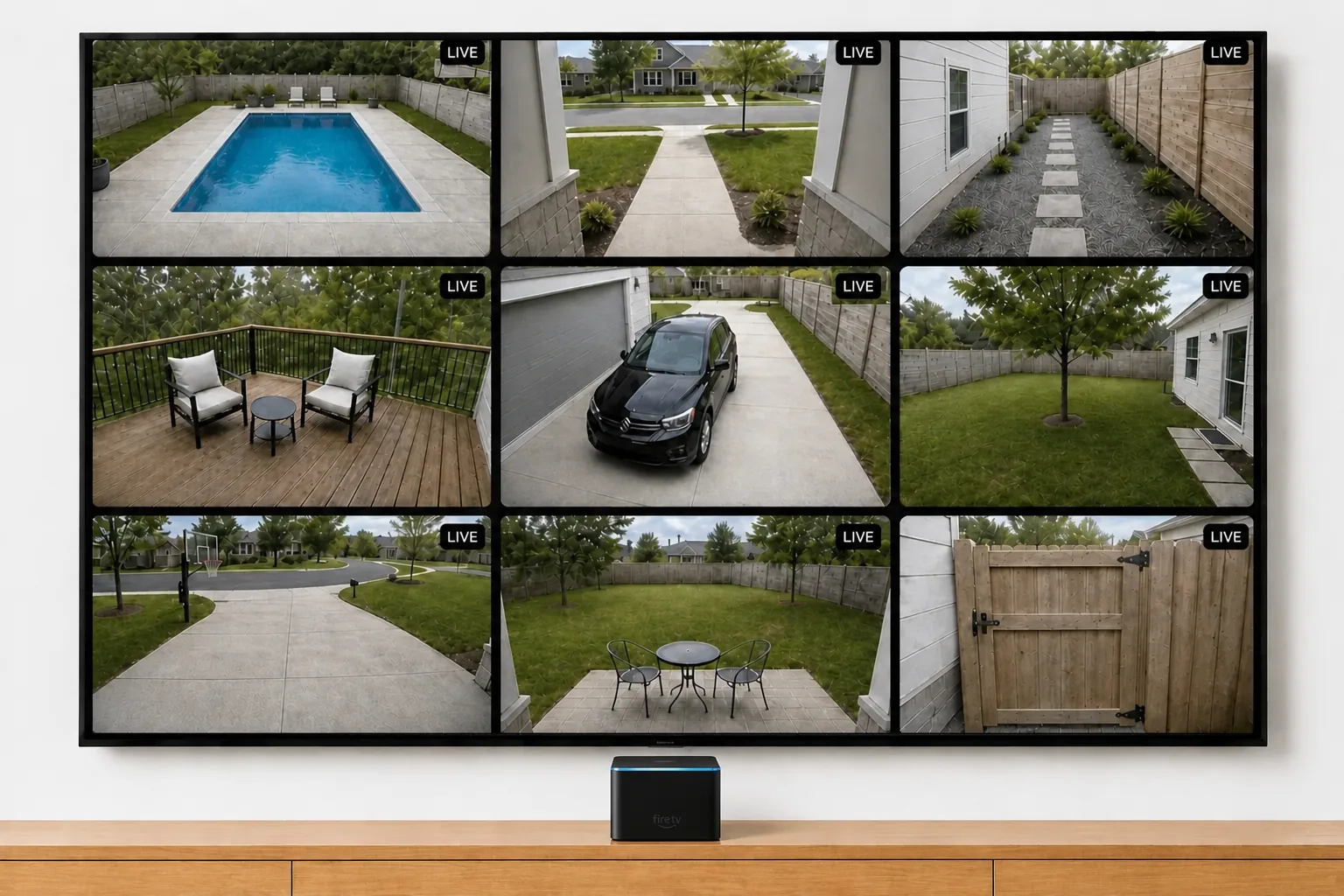 Ring cameras on Fire TV: nine feeds live in one grid on a wall-mounted TV, with the Fire TV device on the console below