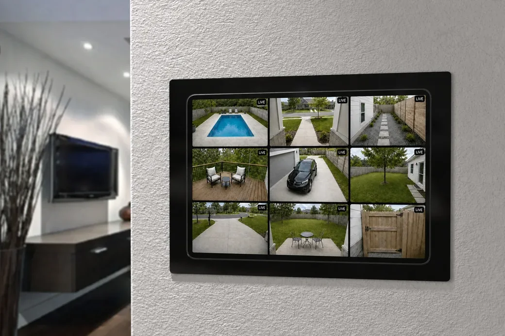 A wall-mounted tablet in a hallway showing nine Ring cameras live in a grid