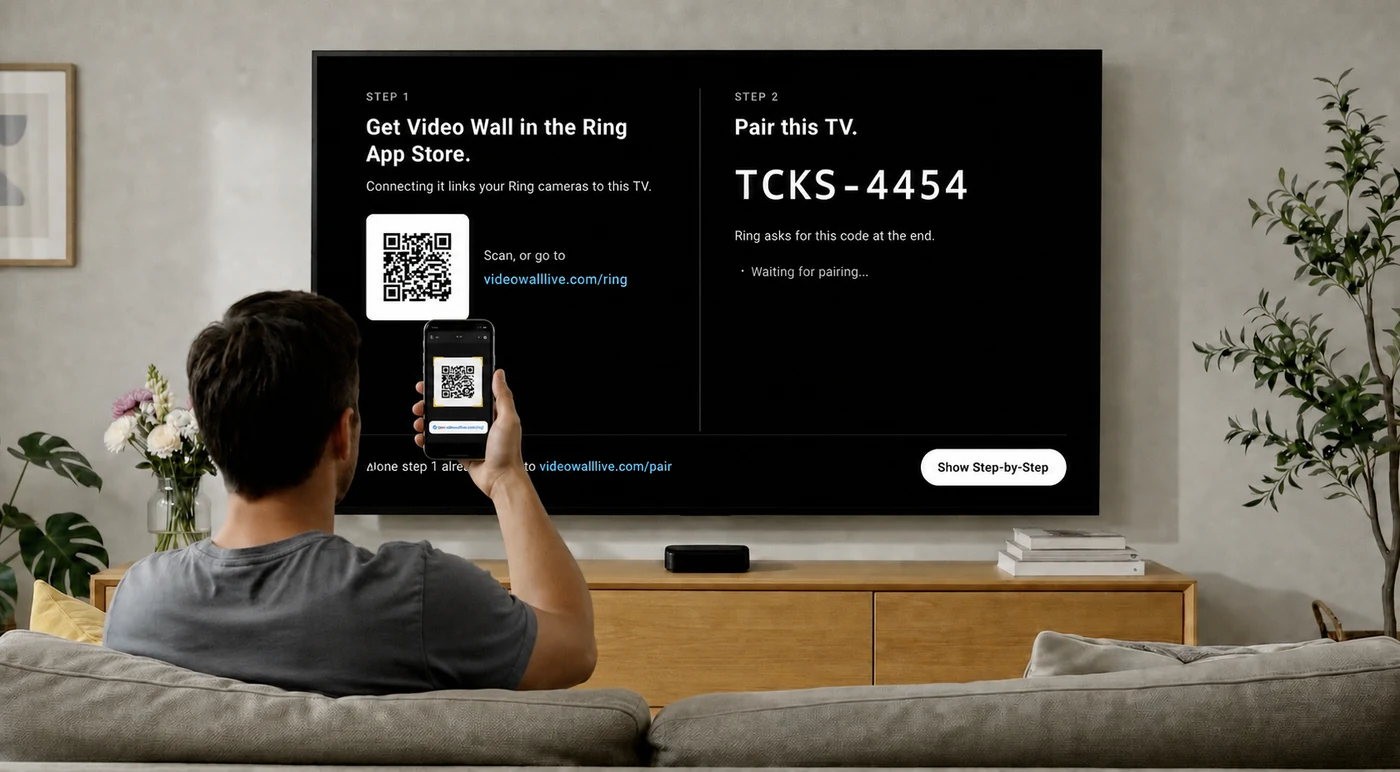 Video Wall pairing screen on the Apple TV: a QR code and videowalllive.com/ring on the left, an 8-character pairing code on the right, and a phone scanning the code