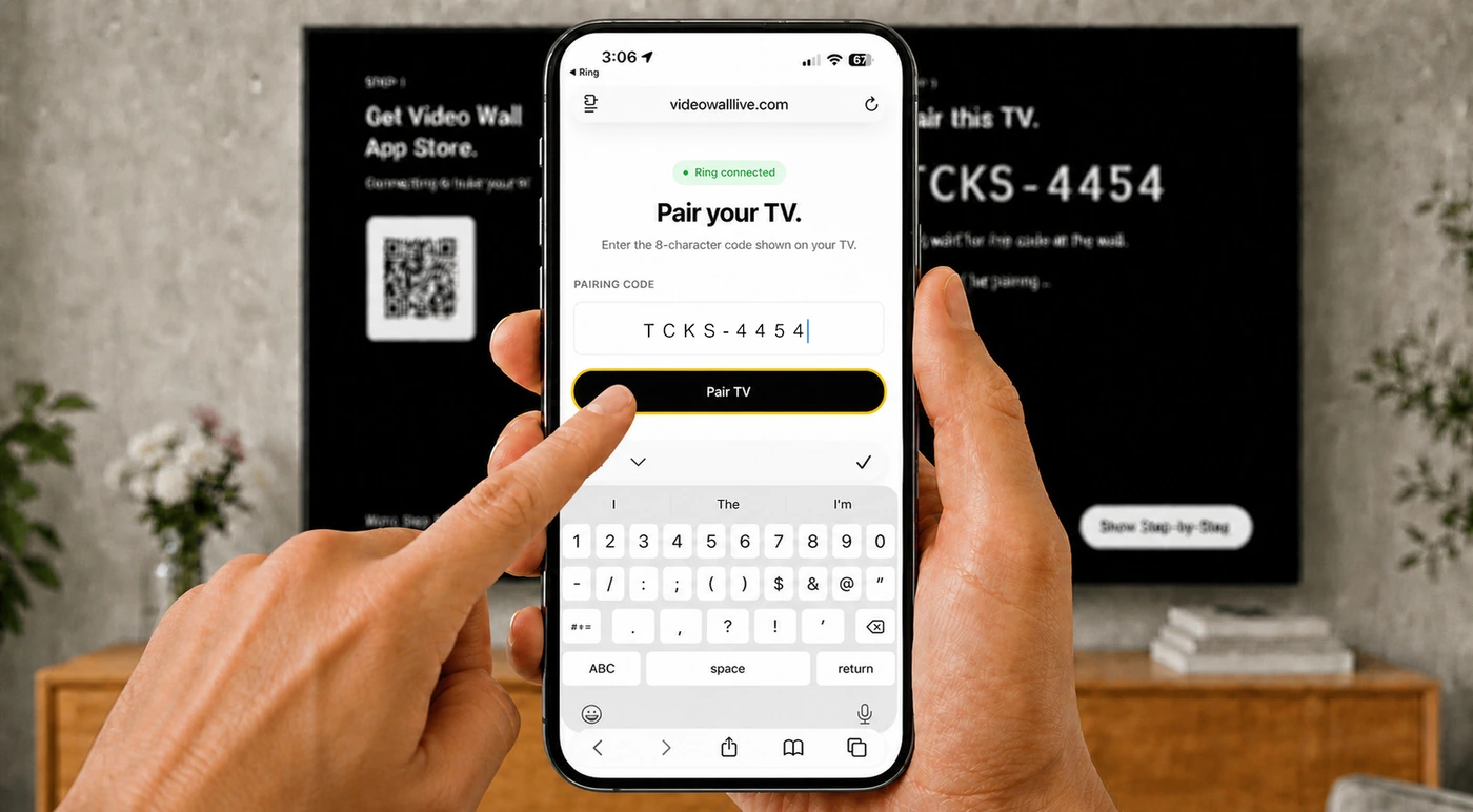 The Video Wall pairing page on a phone with the 8-character code typed in and the Pair TV button