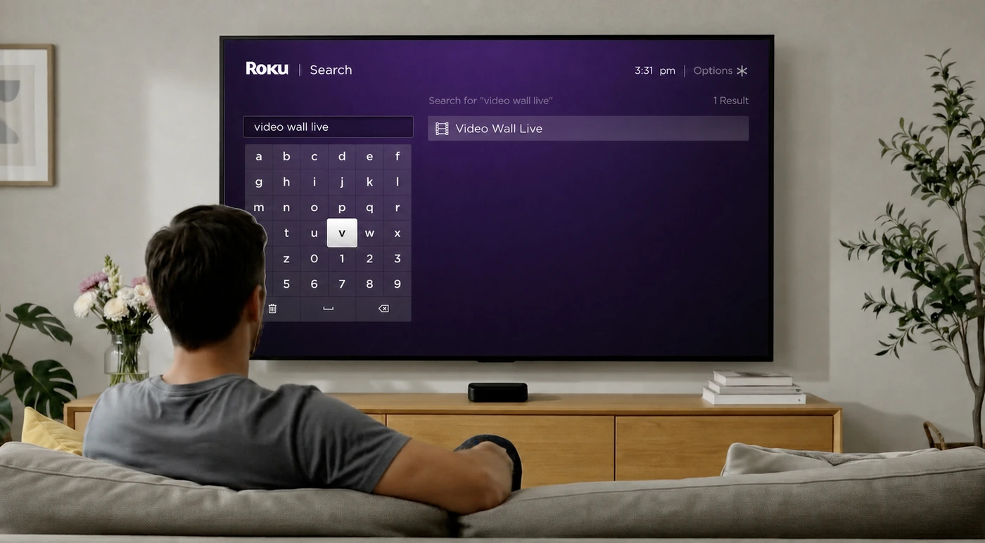 Roku search for video wall live, returning Video Wall Live as the only result